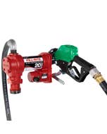 Fill-Rite FR4210HD 12V DC 20 GPM fuel transfer pump with accessories for diesel gasoline and more. Left side view.
